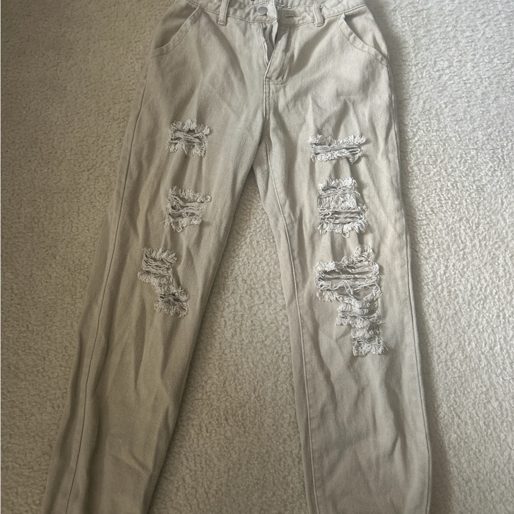 Fashion Nova Tan Straight Leg Jeans with Distressed Details